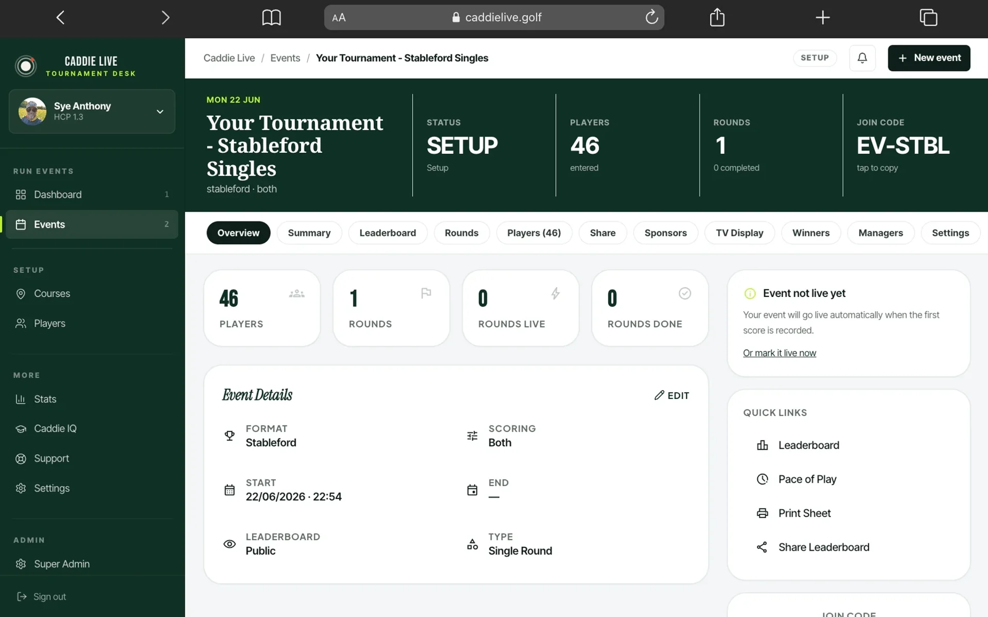 Caddie Live event setup with players, leaderboard, sponsors and TV display tabs