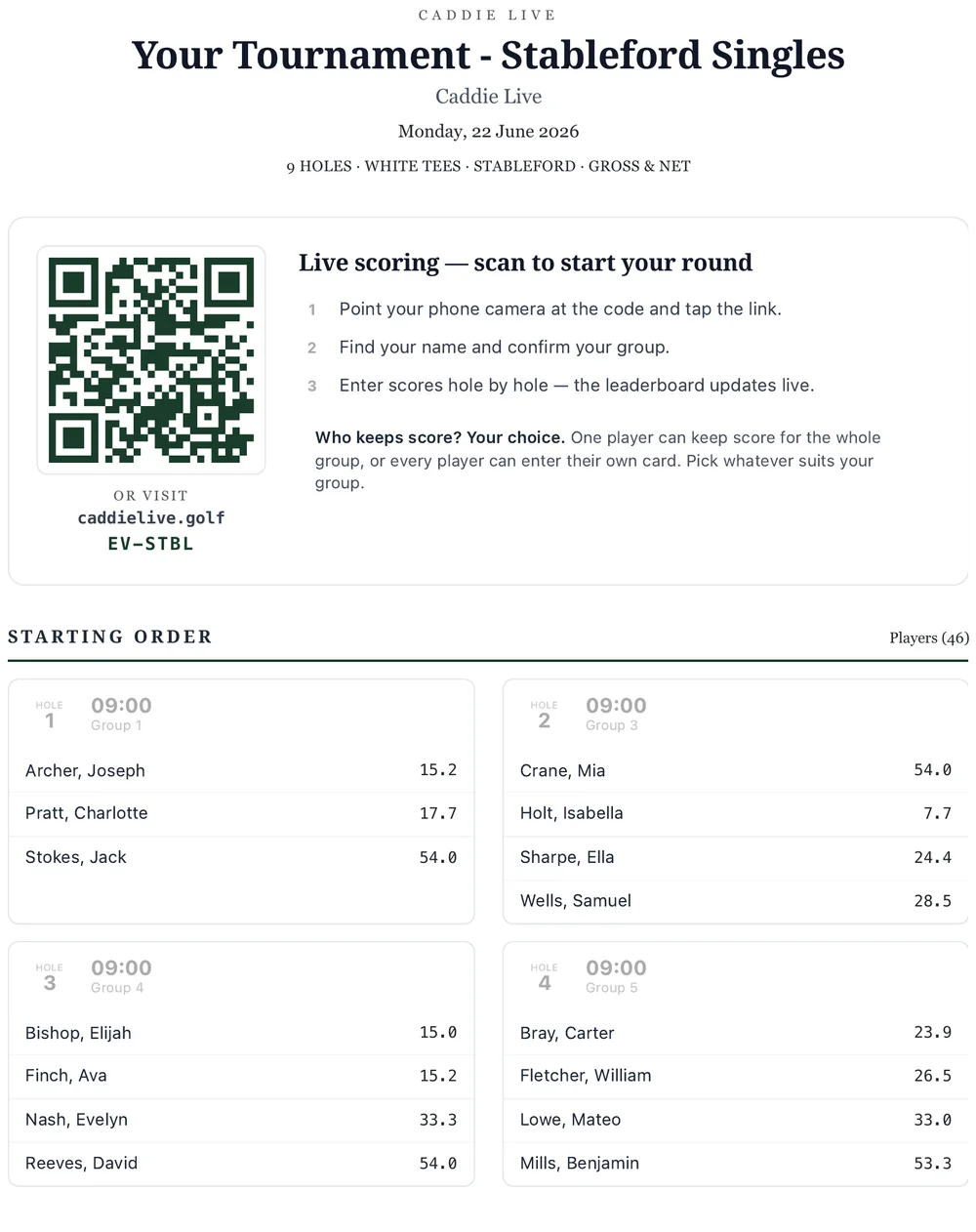 Printable Caddie Live tee sheet with a QR code to start scoring and the starting order of groups and tee times