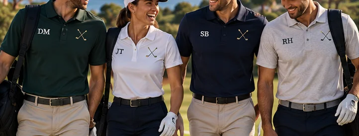 Four golf society members walking in together, each polo carrying the same embroidered society crest and that member’s own initials