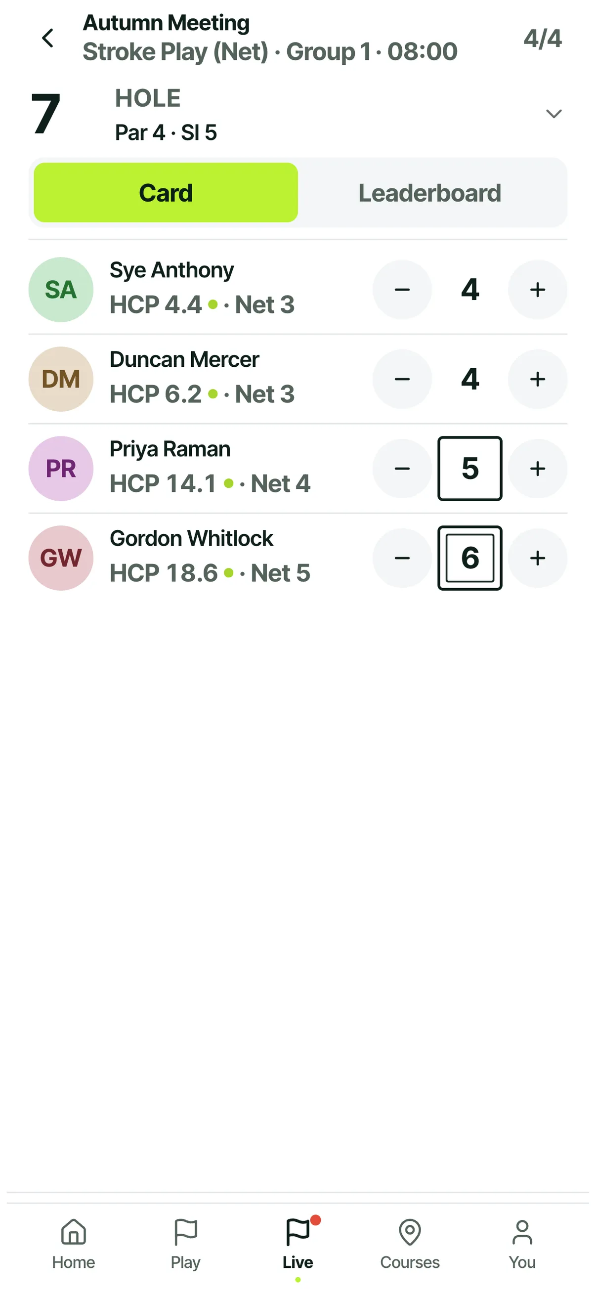 A group scorecard on a phone showing four golfers on the seventh hole, each with their strokes and net Stableford points for the hole